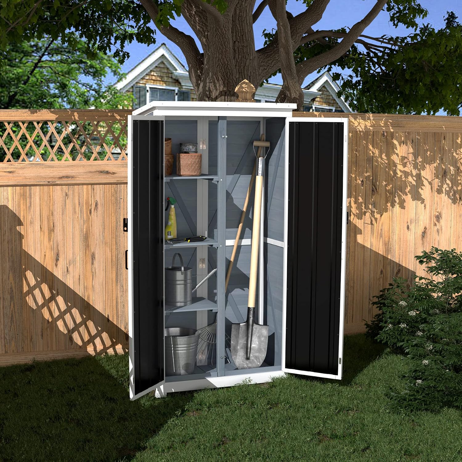 Garden Tools - Outdoor Storage Cabinet Wood Metal Garden